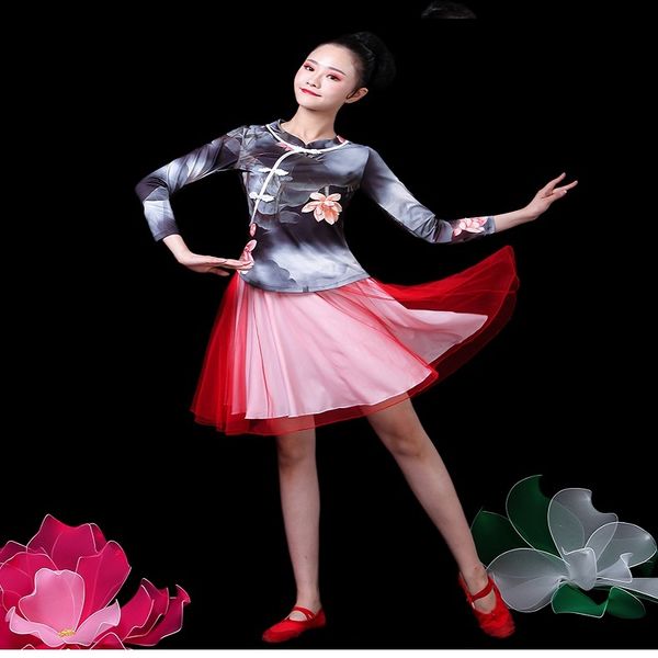 

group square dance yangko dress 2020 new long sleeve short skirt folk dance modern dance suit chinese style personal tailor, Red