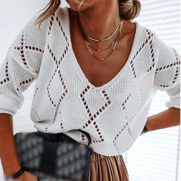 

argyle sweater knitted pullover women lazy hollow out women's sweaters ladies fashion autumn 2020 v-neck jumper pullovers1, White;black