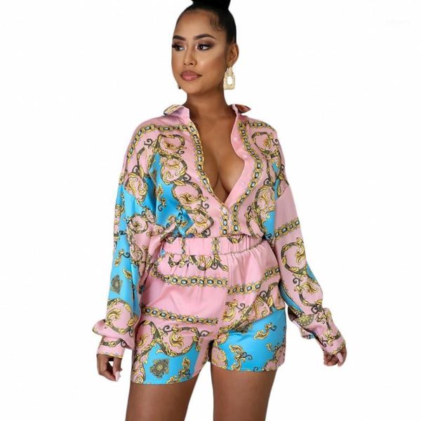 

2 pieces set spring autumn fashion women sets female floral print long sleeve shirt elastic waist shorts outfits 20201, White