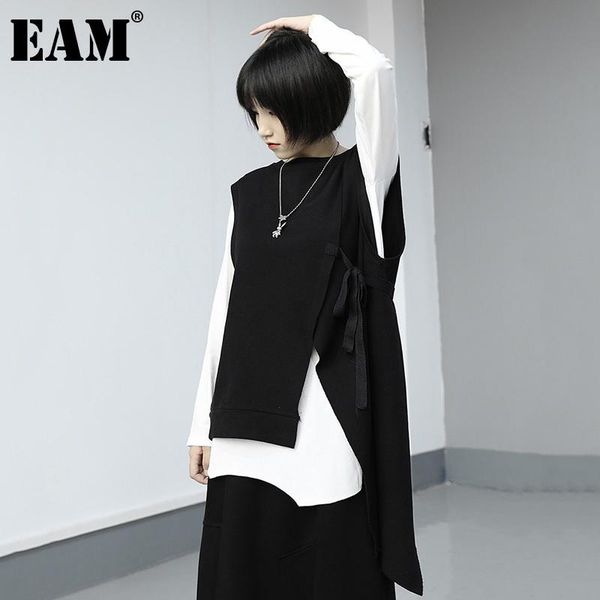 

eam] women black irreuglar vent stitch big size t-shirt new round neck long sleeve fashion tide spring autumn 2021 1dd0578, White