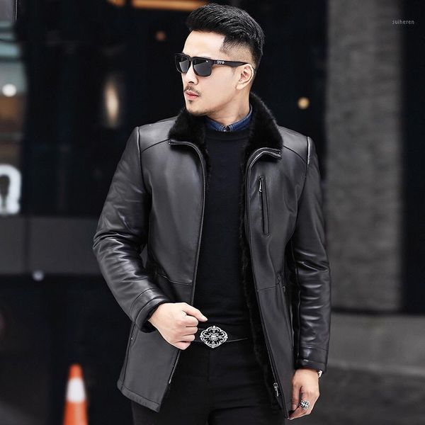 

mens coat 100% leather sheepskin lining natural business men jacket natural leather warm coat1, Black