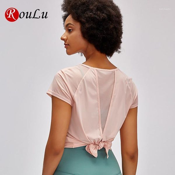 

yoga outfits roulu back tie women short t shirts ultra-light plain net yarn sport fitness workout running sleeved tee shirts1, White;red