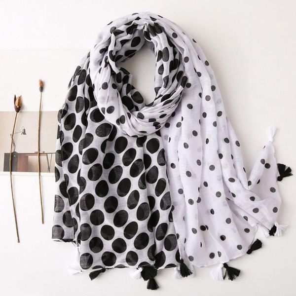 

180x90cm Summer Polka Dot Contast Color Large Scarf Tassels Voile Lightweight Sunscreen Beach Oversized Shawl Wrap Hijab, Blue;gray