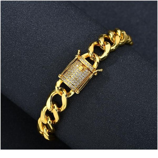 

karopel crystal cz zircon triple lock bracelet 10mm cuban link box clasp bracelet men female hip hop jewlery drop wmtuou, Black