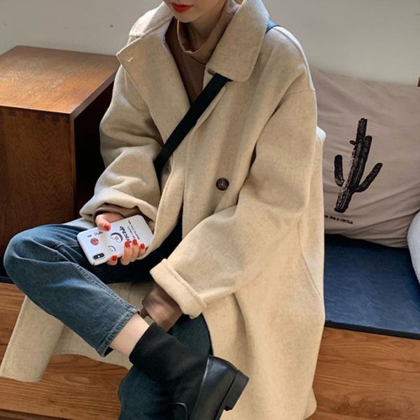 

зимняя мода женские шерстяные смеси свободные однобортное пальто 2021 повседневная элегантный хлопчатобумажный сплошной толстый траншею, Black