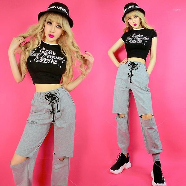 

jazz costumes hip hop street dance clothes blogger sports casual knee hole trousers modern stage outfit lady show wear dnv131681, Black;red