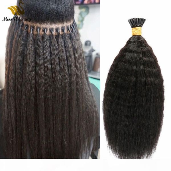 

natural color remy virgin kinky straight hair extensions fluffy human hair bundles i tip pre-bonded hair 100 g, Black