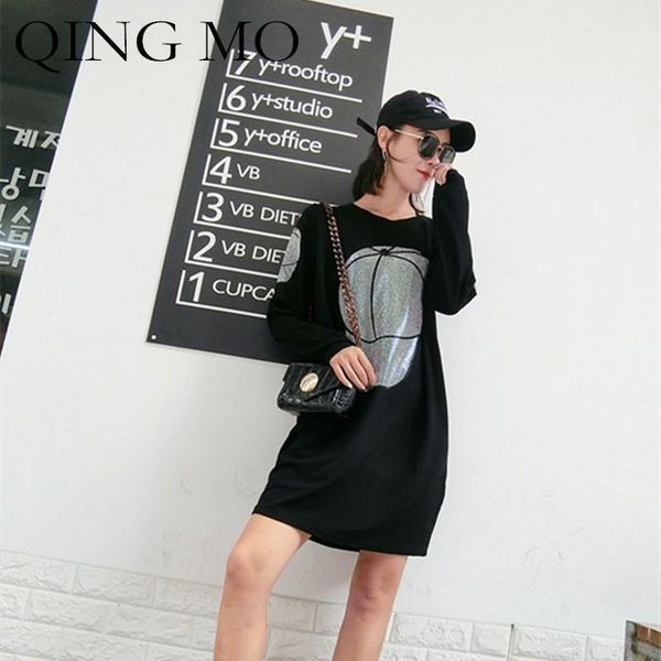 

qing mo autumn women black long sleeve dress hat pattern thin mid-long loose o-neck cotton leisure women straight dress qf2441, Black;gray