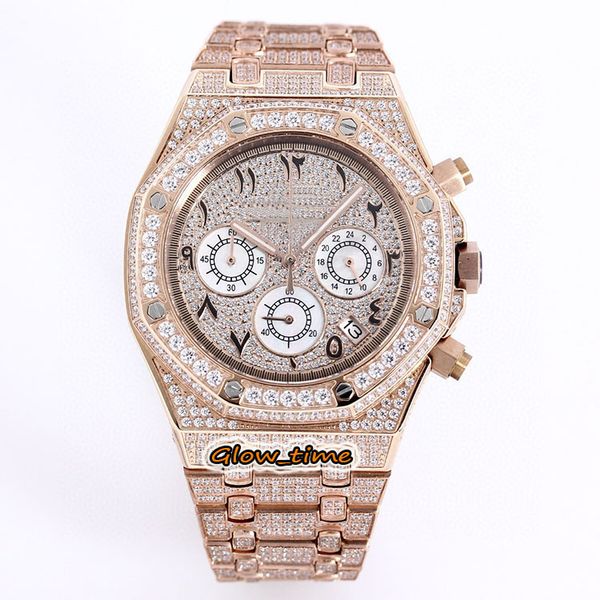 

edition 26320st 26320ba arabic numerals dial rose gold diamond iced out full case mens watch japan vk quartz chronograph iced watches, Slivery;brown
