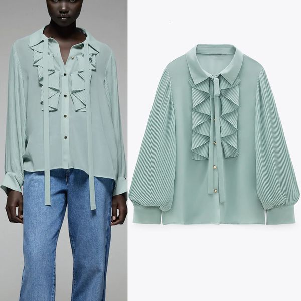 

2021 new women green chiffon ruffle blouse woman autumn fashion lapel collar bow tied pleated long sleeve button-up shirt j3ta, White
