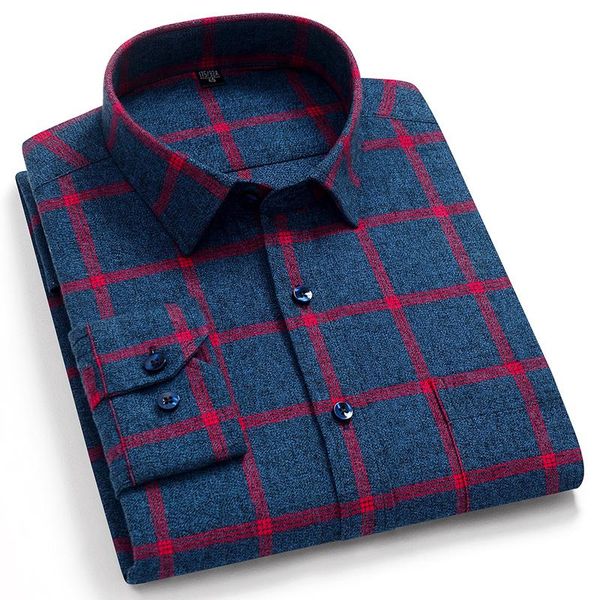 

men's fashion 100% cotton thick brushed flannel shirts single patch pocket long sleeve standard-fit plaid checkered casual shirt, White;black