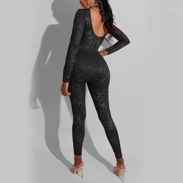 

new style ladies charming two colors bodycon playsuit one piece lace mesh perspective bandage o-neck long sleeve jumpsuit1, Black;white