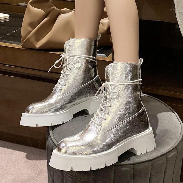 

lucyever 2020 new silver ankle boots women pu leather thick bottom platform boots woman autumn lace up fashion shoes female1, Black