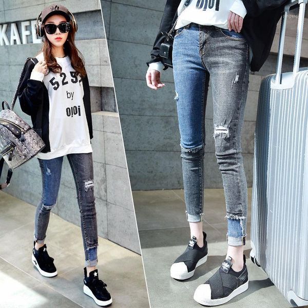 

2020 hole jeans women's spring korean splicing cropped pants1, Blue