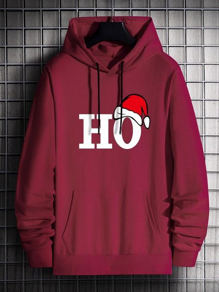 

men christmas print kangaroo pocket drawstring hoodie 664m#, Black