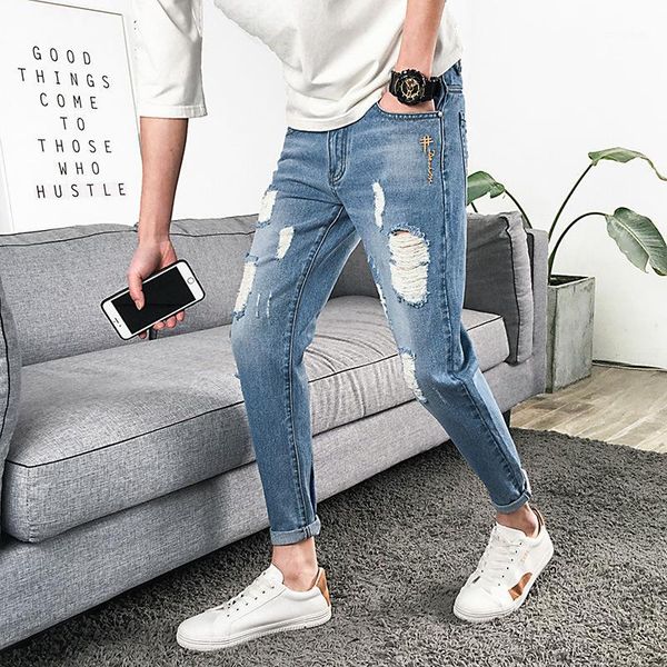 

ho2020 summer men hole in nine points jeans foot scrape bad trend of cultivate one's morality1, Blue