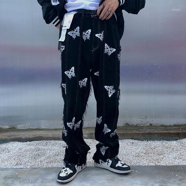 

men's jeans harajuku butterfly print tassel casual men zipper straight baggy denim pants streetwear washed retro loose trousers1, Blue