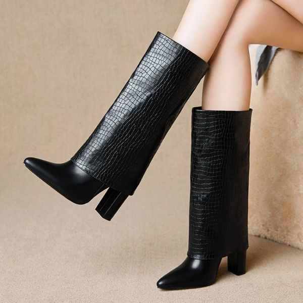 

boots winter crocodile pattern western women knee high square heel fashion boot 2021 chic design woman shoes, Black
