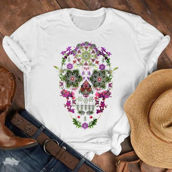 

women lady floral face horror casual printing 90s fashion shirt clothes womens female print t tshirt tee graphic t-shirt, White