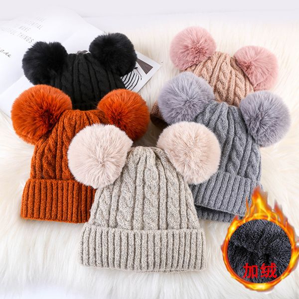 

women's plush double wool ball pullover hat in winter of 2019, Blue;gray