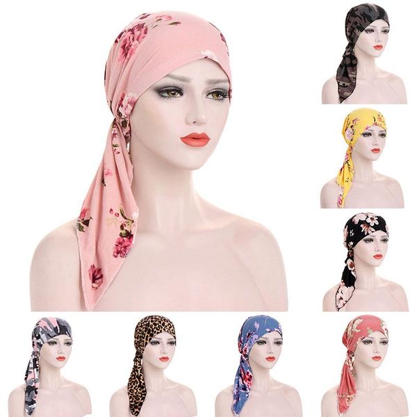 

fashion floral print turban hat muslim knotted head wrap stretch women headwear turbantes caps islamic head scarf beanie bonnet, Red