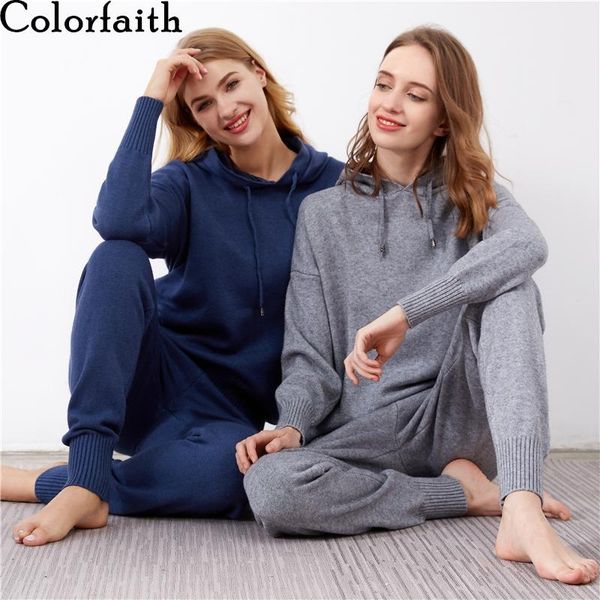 

colorfaith 2020 осень осень зима наборы 2 штуки с капюшоном свитер пуловеры длинные брюки трикотажные костюма теплые леди костюмы костюмы ws, Gray