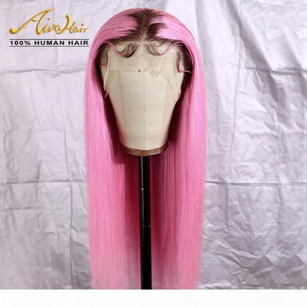 

aiva brazilian human hair full lace wigs 150 density 613 hair dyeing pink ombre straight glueless wigs for black women with baby hair, Black;brown