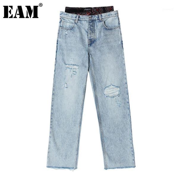 

eam] plaid split joint holes long wide leg jeans new high waist loose women trousers fashion tide spring autumn 2020 1s1961, Blue