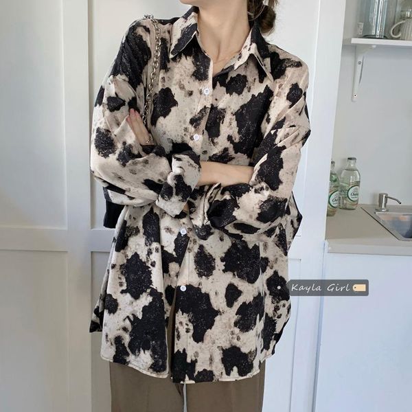 

women's blouses & shirts retro loose looking thin lapel shirt long sleeve milk pattern women, White