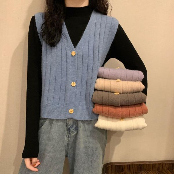 

vintage v-образным вырезом вязаный жилет свитер женщины без рукавов пуловер упругость свитер свободные женские повседневные негабаритные вяз