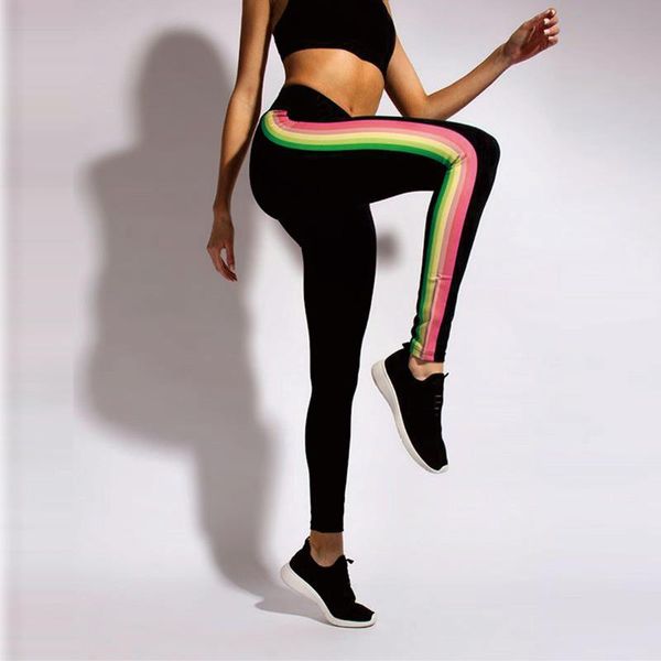

qickitout 12% spandex workout for running leggings high waist sport women printed rainbow stripes trousers stretch fitness pants, Black