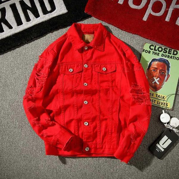 

ripped men women red white pink black solid denim jackets fashion streetwear male holes casual distressed jeans jacket coat 5xl1, Black;brown
