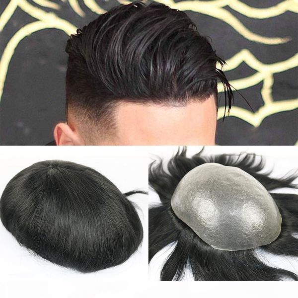 

full pu men toupee durable 0.06-0.08mm skin natural looking remy hair men wig human hair full pu replacements toupee, Black