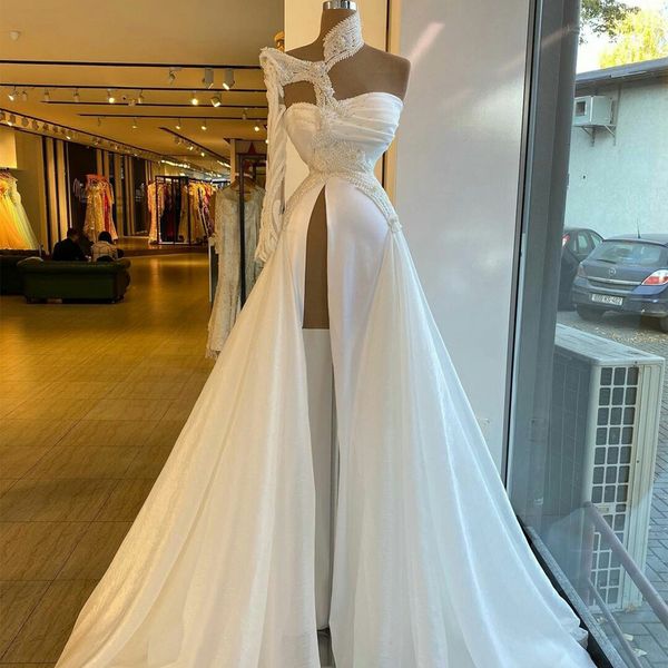

unique design prom dresses white one shoulder long sleeve beading african evening dress illusion side split party gowns, Black