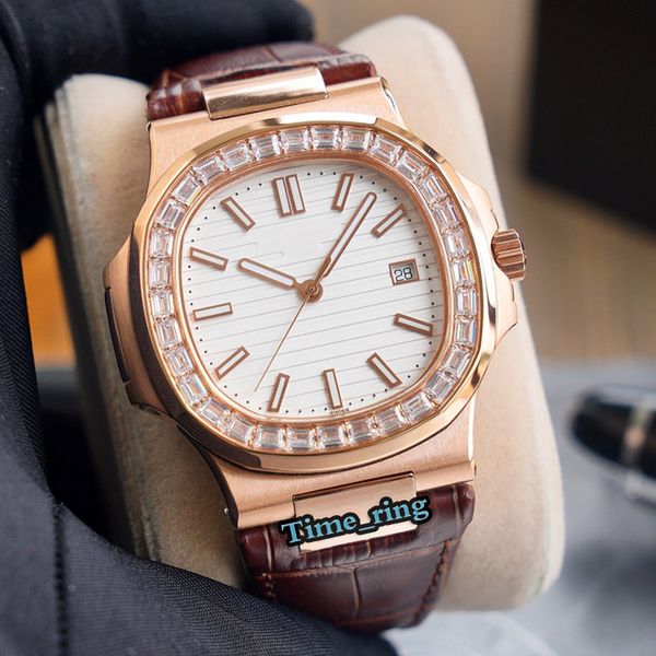 

edition 5711 white date dial rose gold diamond bezel 324 automatic mechanical movement mens watch brown leather strap designer watches, Slivery;brown