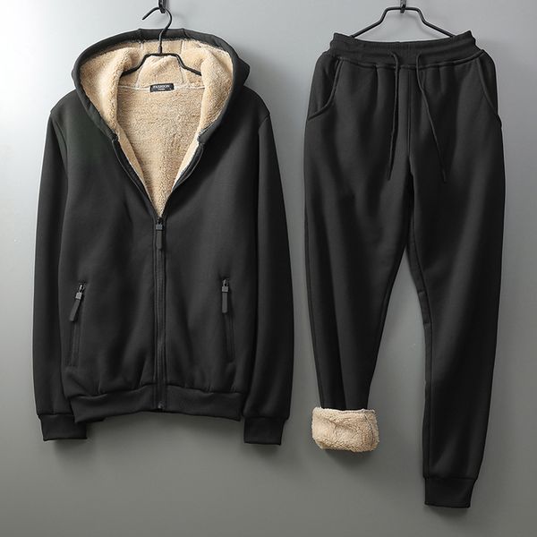 

winter men set warm tracksuit men set lamb cashmere hoodies sweatpants men clothes sets zipper tracksuit mens sports suit 201110, Gray