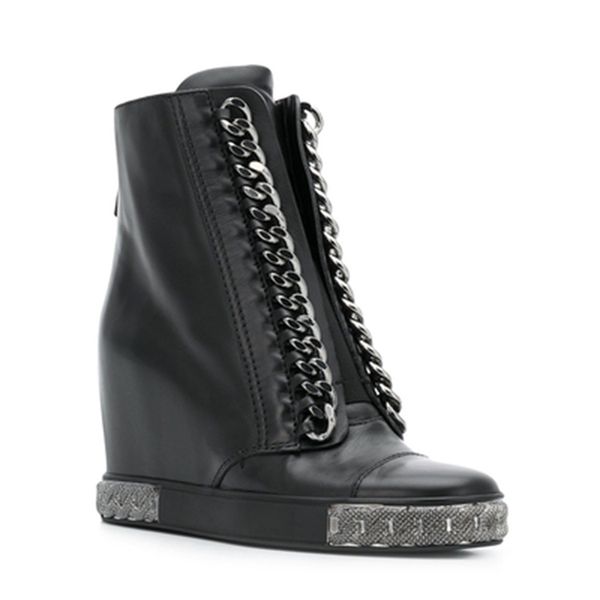 

2021 winter women's genuine leather eight centimeters rise hammers motorcycle chain boots heels kw6i, Black