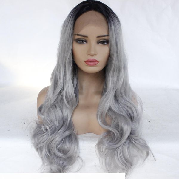 

no bad smell front lace t color black gray gradient wig womens dyed long curly hair large wavy roll chemical fiber wig turecolor wig
