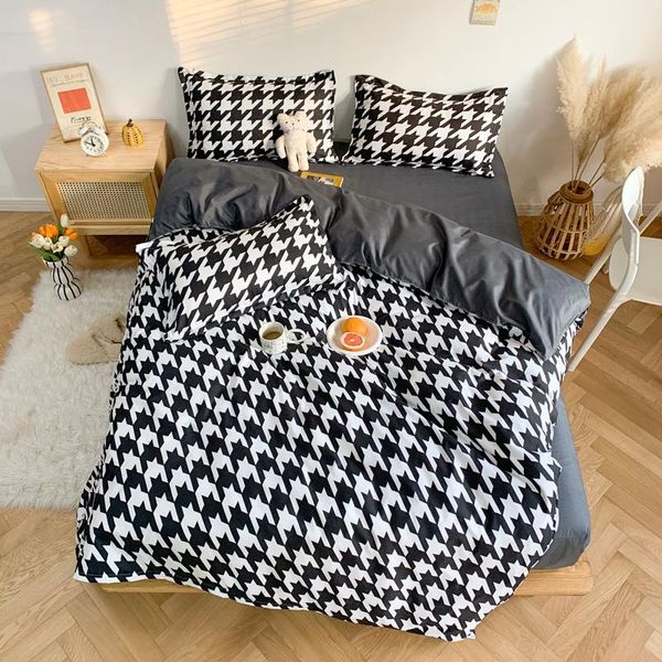 

4pcs plaid bedding set houndstooth bed linen euro printed flat sheet princess bedspread bed cover duvet cover king size set