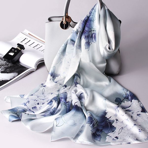

100% pure handkerchief ladies 2020 new royal hangzhou wrappers for women printing vintage shawls natural silk scarves foulard 2q92, Blue;gray