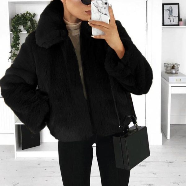 

women's fur & faux winter warm fluffy coats jackets 2021 women fashion furry cropped jacket turn down collar open front overcoat, Black