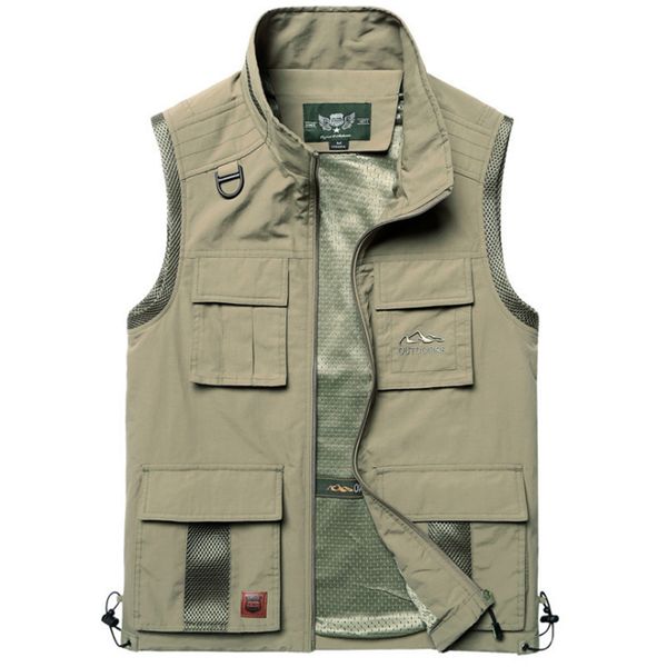 Gilet da uomo Multi-tasca Sciolto Fotografo Reporter Gilet Casual Giacca da uomo Gilet senza maniche Kaki Gilet sottile 5XL