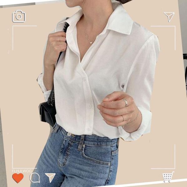 

women's blouses & shirts single-breasted button summer long sleeve elegant office lady work v neck korean design white shirt women blo