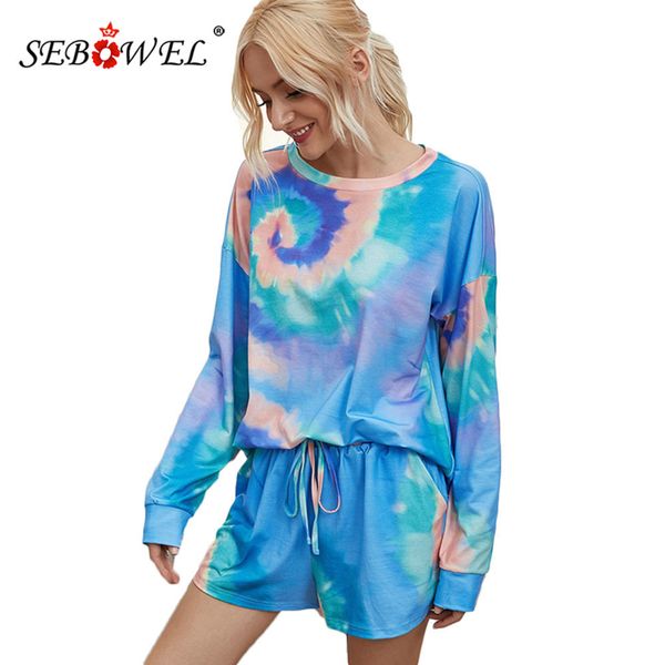 Sebowel Mulheres Tie-Dye Set Longo Manga Impressão T-shirt Calções Home Loungewear Sets Senhoras Gradient Color Dois Peças Suits S-XXL T200707