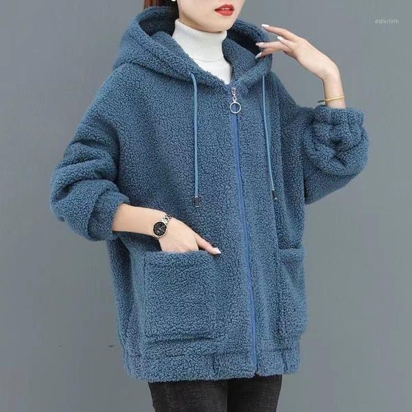 

lamb wool coat female spring autumn new plus size section loose overcoat hooded warm long sleeve women lamb wool coat1, Black