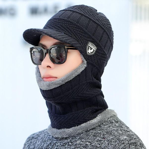 

berets winter neck protection collar integrated outdoor riding warm and cold proof plush thickened knitted pullover wool hat, Blue;gray