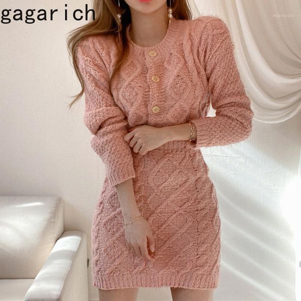 

gagarich women two piece set chic korea autumn winter elegant o neck knit cardigan sweater high waist buttock short skirt suit1, Gray