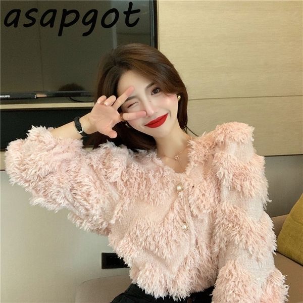 

asapgot fashion chic korea plush v-neck tassel sweaters coat autumn winter new thick wild pink long-sleeved cardigan sweet 201202, White;black