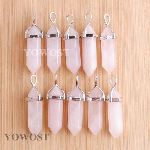 

natural stone rose quartzs pendants bullet hexagonal point pendulum column reiki healing chakra women man jewelry 10pcs in3032 201013, Silver