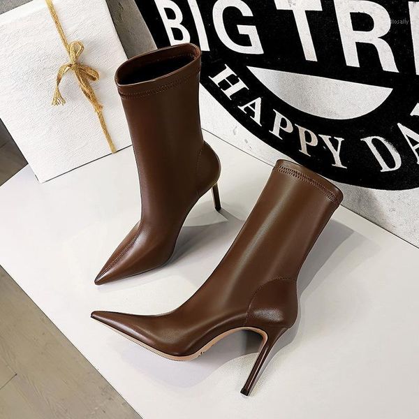 

women shoes boots for women brown faux leather high heel pumps point toe mid-calf boots short plush winter shoes female fashion1, Black